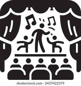 This vector features a minimalist black and white silhouette of a live music performance, capturing the energy of a singer and musicians on stage with an audience in the foreground. 