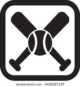 This vector features a minimalist black and white illustration of two crossed baseball bats and a ball, enclosed within a rounded square frame. 