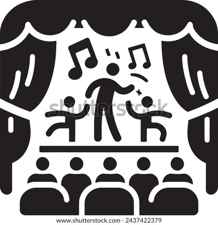 This vector features a minimalist black and white silhouette of a live music performance, capturing the energy of a singer and musicians on stage with an audience in the foreground. 