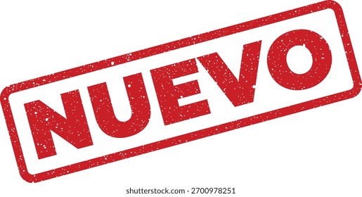 Este vetor apresenta um selo Nuevo vermelho, a palavra espanhola para novo, definido em um ângulo. A textura grunge adiciona uma vintage, sensação autêntica, ideal para destacar promoções ou novos produtos.