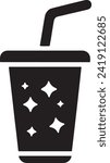 This vector features the silhouette of a classic soda cup with a lid and a straw, marked by sparkling accents that suggest a fizzy beverage.