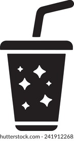 This vector features the silhouette of a classic soda cup with a lid and a straw, marked by sparkling accents that suggest a fizzy beverage.