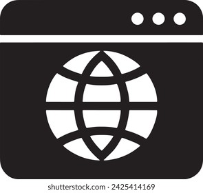 This vector features a simple yet evocative black icon of a web browser window, with a stylized white globe at its center. 