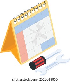 This vector features a spiral-bound desk calendar with highlighted dates in red and blue. The calendar is accompanied by a wrench and screwdriver, symbolizing maintenance, repairs, or scheduled.