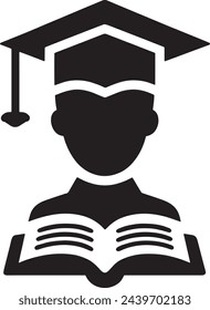 This vector features a stylized graduate with a cap and tassel, alongside a book and a symbol of academia or knowledge. 