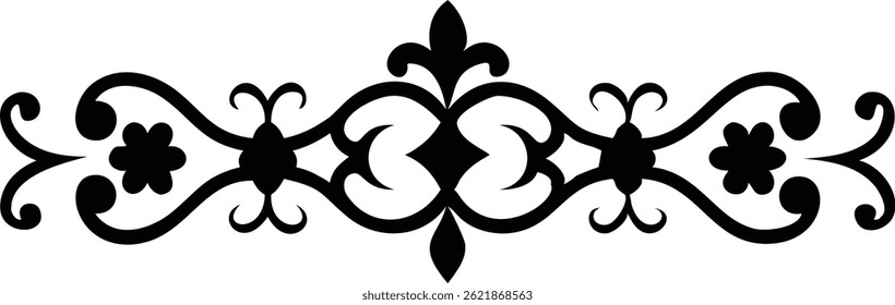 This vector features a symmetrical floral flourish accent, showcasing an elegant black pattern with graceful flower and scroll elements. The sophisticated design provides visual harmony.