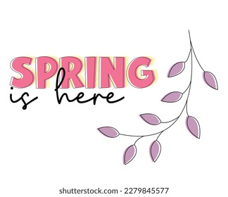 This vector features the text "Spring is Here" in a stylish and eye-catching typography design. With its bright and cheerful colors, it is perfect for design projects related to the spring.