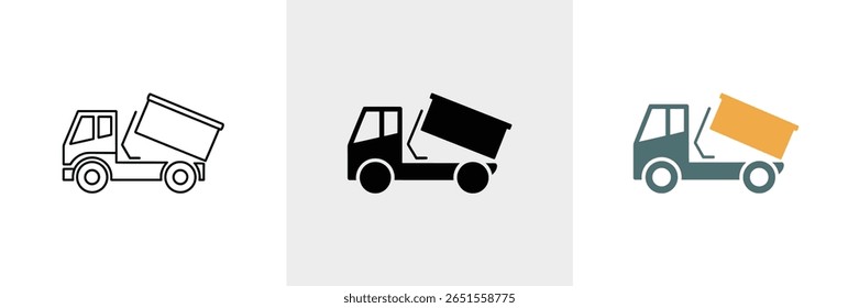 This vector features three distinct dump truck icons. Each icon showcases a unique style the first is a simple line drawing, the second is a solid black fill, and the third is teal and gold.