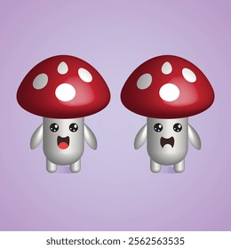 This vector features two adorable 3d cartoon characters resembling mushrooms with red caps and white spots.Each character has a cute,rounded body with small arms and legs. Happy and scared expression.