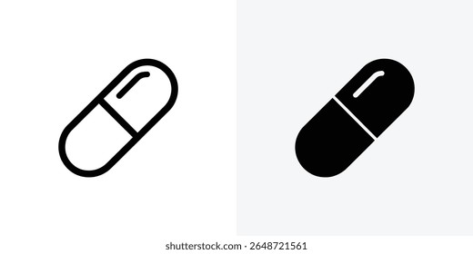 Este vetor possui dois ícones de cápsula. Um é um contorno preto fino, e o outro é uma forma preta sólida, ambos definidos contra um fundo de luz minimalista.