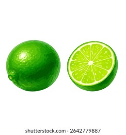 This vector features a whole lime and a halved lime with detailed texture, ideal for tropical menus, cocktail recipes, and fresh food design
