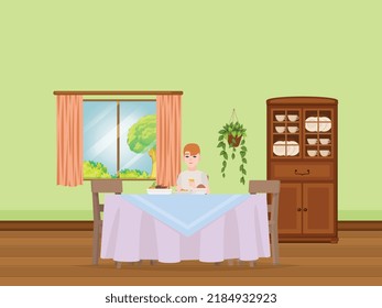 This vector file consist a dining table in the dining room. A boy is sitting in a chair of the dining table in the room. It is a green colored room interior. Here a showcase and a window also.
