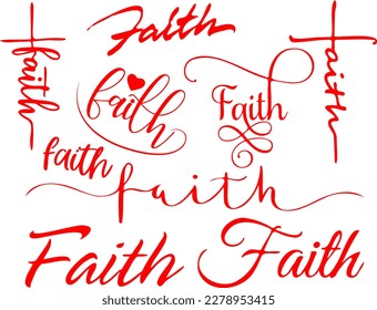 This vector file contains 9 different inscriptions of the word "Faith", made in various fonts and styles. The file is made in EPS format, which makes it easily scalable and editable in any software