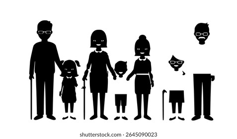 Este arquivo vetorial contém silhuetas pretas de uma família ou grupo de pessoas, incluindo adultos, crianças e um animal de estimação, em várias poses.