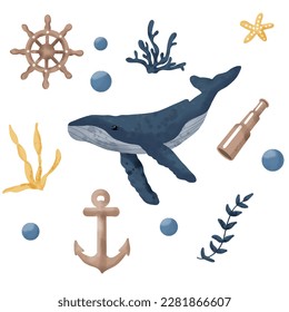 This vector file features an exquisite composition of the majestic blue whale, intricate coral formations, and nautical sailor gear, all rendered in a hand-painted watercolor style. 