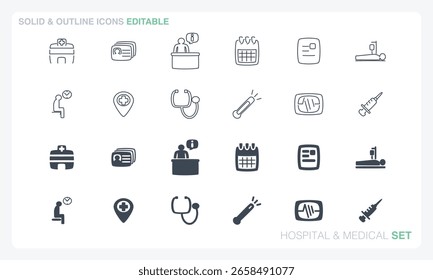Este arquivo vetorial apresenta ícones médicos e hospitalares nos estilos sólido e de contorno e é totalmente editável.