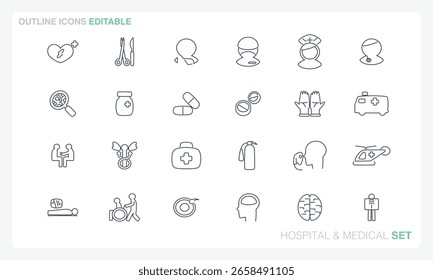 Este archivo de Vector presenta íconos hospitalarios y médicos en estilos sólidos y de contorno y es totalmente editable.