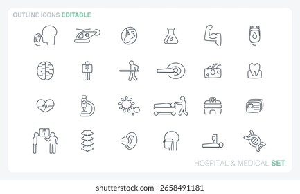 Este archivo de Vector presenta íconos hospitalarios y médicos en estilos sólidos y de contorno y es totalmente editable.