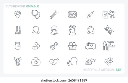 Este archivo de Vector presenta íconos hospitalarios y médicos en estilos sólidos y de contorno y es totalmente editable.