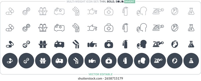 This vector file features hospital and medical icons in both solid and outline styles and is fully editable.
