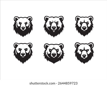 This vector file features a striking set of six black and white grizzly bear head logos, ideal for sports teams and branding.