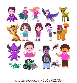 This vector file features a vibrant and diverse collection of cartoon characters, including superheroes, animals, mythical creatures, and kids. The set showcases a variety of expressions and poses.