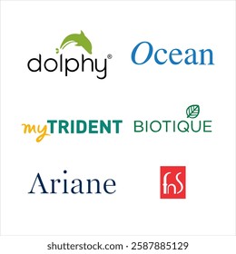 This vector file includes six unique, high-quality logos for Dolphy, Ocean, MyTrident, Biotique, Ariane, and FnS. Ideal for branding, marketing, printing, and digital use, these professional designs a