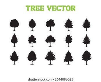 This vector file presents a striking collection of black tree silhouettes, ideal for enriching nature and landscape designs.