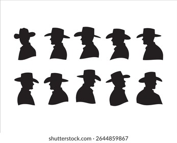 This vector file presents a striking collection of black and white cowboy silhouette designs, showcasing distinct western hat profiles.