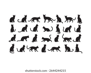 This vector file showcases a versatile collection of black cat silhouettes in various dynamic poses.