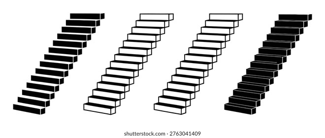 This is a vector file of a staircase design, fully editable and scalable. The EPS10 format allows for easy customization. The image features four sets of staircases in black and white, making it perfect for various design projects. You can use this vector illustration for backgrounds, branding, prints, and more.