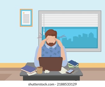 This vector file is for a stressed and worried person who is sitting in front of computer. His hands in his head which means he is bored or stressed. It can be used as a stressed principal's room.