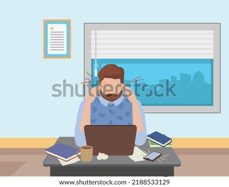 This vector file is for a stressed and worried person who is sitting in front of computer. His hands in his head which means he is bored or stressed. It can be used as a stressed principal's room.