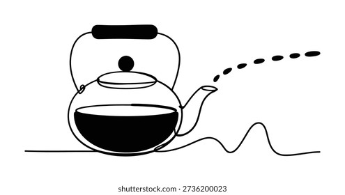 This is a vector file of a tea kettle in continuous line art style, fully editable and scalable to any size without losing quality. The illustration is done in black lines on a white background, giving it a clean and modern look. It's perfect for use in designs related to tea, coffee, or kitchen utensils. EPS10 format ensures compatibility with most design software.