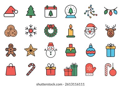 This vector file titled 'Christmas Icon Set Featuring Santa Reindeer Gifts Tree Ornament Candies And Other Holiday Festi