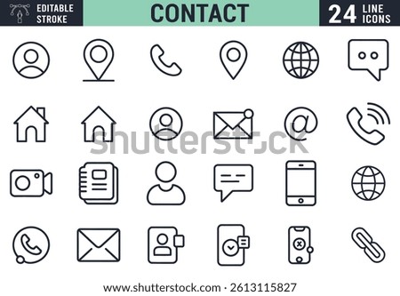 This vector file titled 'Contact And Communication Methods Depicted With Simple Line Icons Set On White Background Vecto