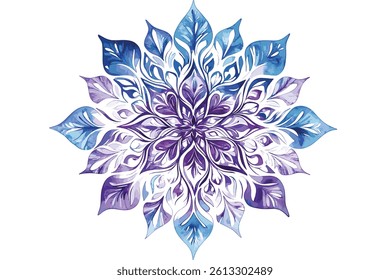 This vector file titled 'Floral Mandala Watercolor Design In Purple And Blue On White Background' contains content relat