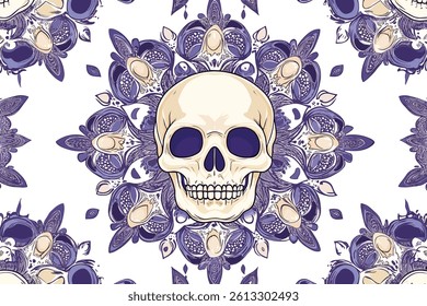 This vector file titled 'Floral Skull Mandala Seamless Pattern Design Creepy Flower Skeleton Repeat Background' contains