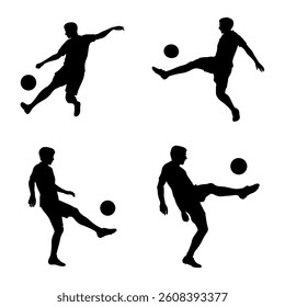 This vector file titled 'Football Player Silhouettes In Dynamic Action Kicking And Controlling Ball On White Background 