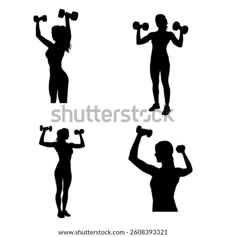 This vector file titled 'Four Black Silhouettes Of Women Lifting Dumbbells During Fitness Workout Isolated On White Back