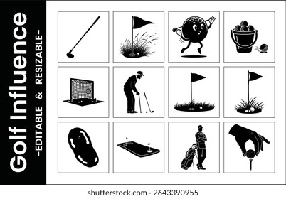 This vector file titled 'Golf Icon Vector Set Silhouette Golf Course Elements And Golfer Design Templates Illustration' 