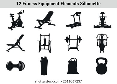 This vector file titled 'Gym Equipment Silhouette Collection Featuring Cardio Strength And Fitness Objects Vector Illust