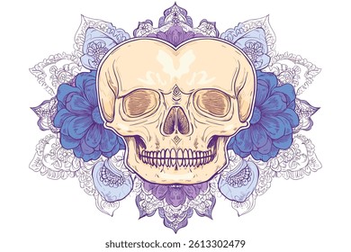 This vector file titled 'Ornamental Skull With Blue Flowers And Mandala Decorative Background Vector Design' contains co