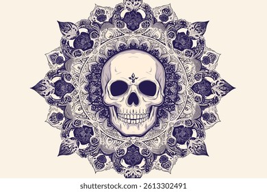 This vector file titled 'Ornate Skull Mandala Design For Tattoo Art And Graphic Projects' contains content related to: s