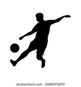 This vector file titled 'Silhouette Of Football Player Kicking Ball Isolated On White Background Striking Football In Dy