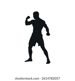 This vector file titled 'Silhouette Of Muscular Man Flexing Biceps Isolated On White Background Fitness Health Bodybuild
