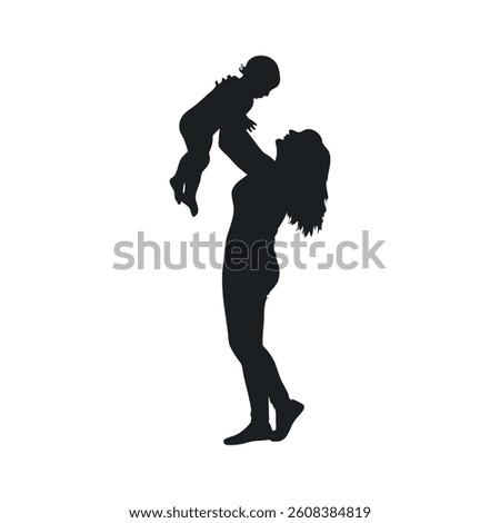 This vector file titled 'Silhouette Of Mother Lifting Baby In The Air Expressing Love And Joyful Moment Of Parenthood An