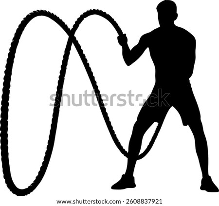 This vector file titled 'Silhouette Of A Muscular Man Exercising With Battle Ropes During A Fitness Workout Creating Ene