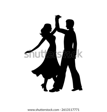 This vector file titled 'Silhouette Of Elegant Couple Ballroom Dancing Gracefully Together Black Image Of Man And Woman 