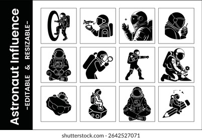 This vector file titled 'Vector Silhouettes Of Astronauts In Space Suits Performing Various Activities Black And White' 